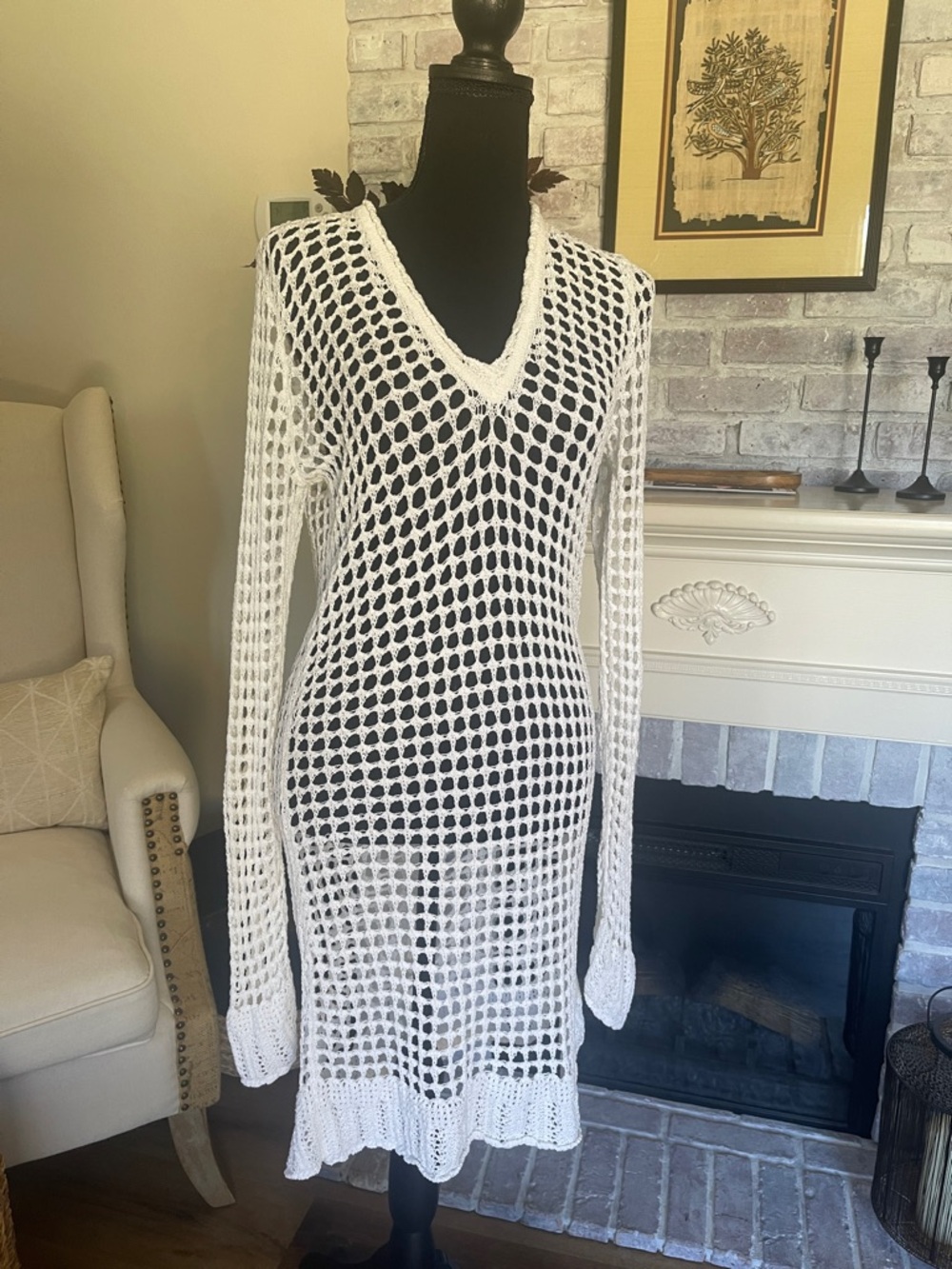Tommy Bahama White Crochet Beach Open Knit V Neck Long Sleeve  Cover Up Size XL
